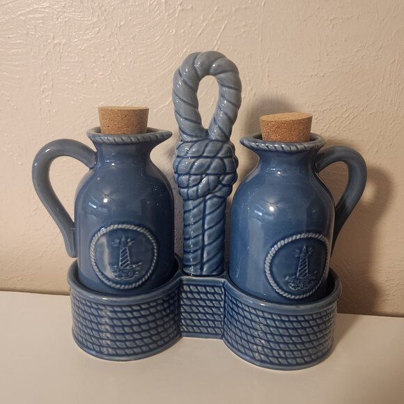 American Atelier Nautical Blue Oil & Vinegar Center Handled Tray Woven Pattern - Picture 5 of 6